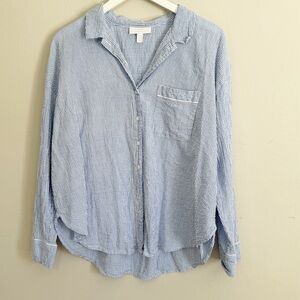 THE WHITE COMPANY SLEEP Women’s Blue Seersucker Button Up Pajama Top Pocket XL